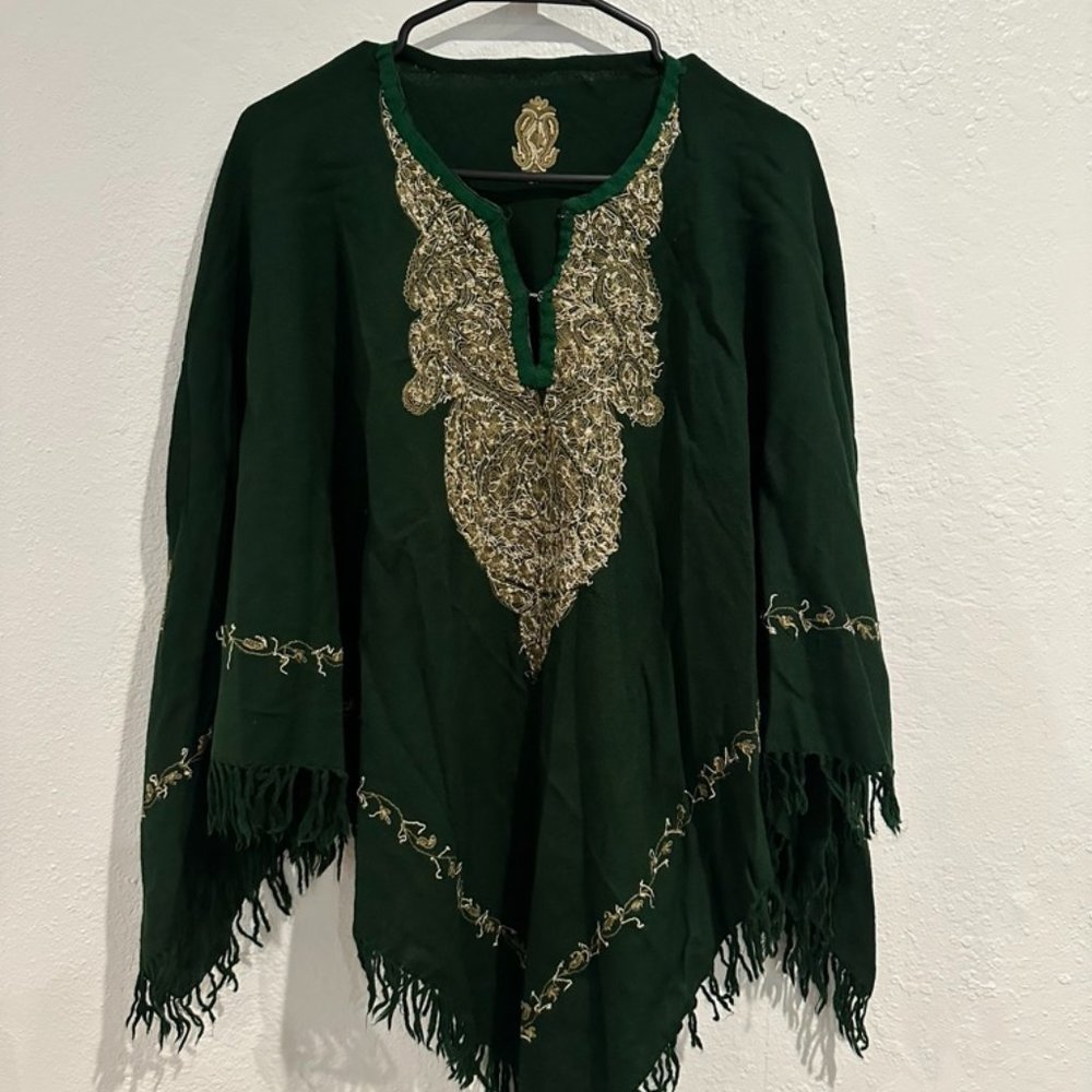 Dark green Kashmiri pure wool tasseled poncho, pearl and gold embroidery